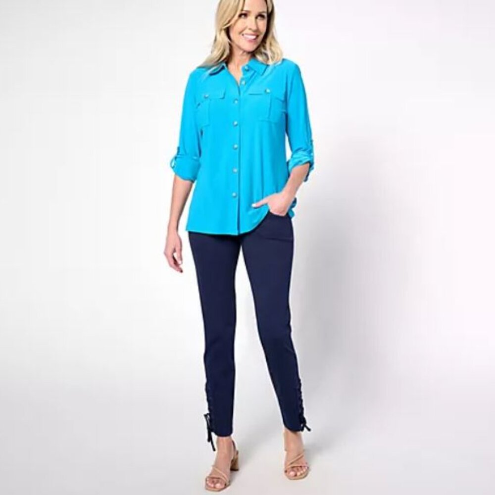 Women with Control Prime Stretch Denim Petite Lace-Up Pants Navy-Petite Medium
